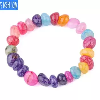 Нерегулярный эластичный браслет из натурального камня с цветной цепочкой из агата ярко-розовый
