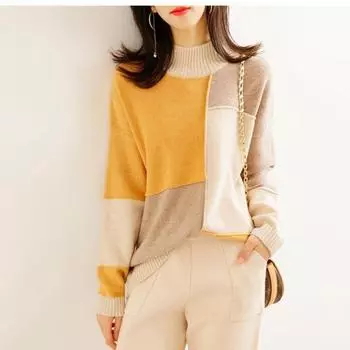 Нерегулярный цветной свитер с высоким воротом для женщин, свободный и модный базовый свитер S