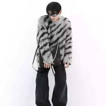 Нерегулярный контрастный свитер с зеброй, мужской осенне-зимний свободный джемпер большого размера, корейская одежда, пуловер с круглым вырезом и длинными рукавами M серый