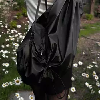 Нерегулярный плиссированный рюкзак с завязками, повседневный, большой емкости, женская легкая сумка-холодильник для покупок чёрный