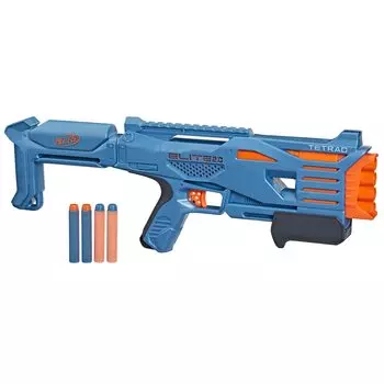 NERF Elite Tetrad Blaster with 4 Elite 4 Barrel Tactical Rail for Customization and Pump 2.0 QS-4 Darts, Blast, Features, Action.