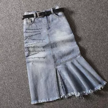 Неровная джинсовая юбка с бахромой и хвостом русалки Blue((Belt random (E6-3)) M