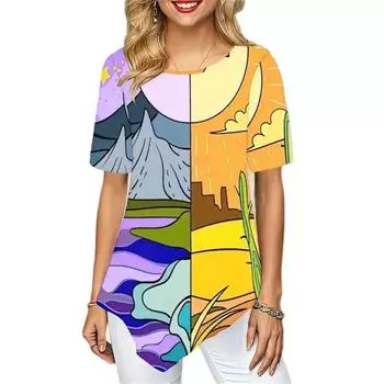 Неровный подол, Harajuku, пейзаж, листья, цифровой 3D принт, женская футболка с круглым вырезом, модная уличная удобная женская повседневная футболка 6XL