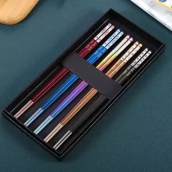 Нержавеющая сталь 304 с титановым покрытием, позолоченные квадратные палочки для еды, набор палочек для еды для дома и отеля, подарочная коробка 5set серебряный