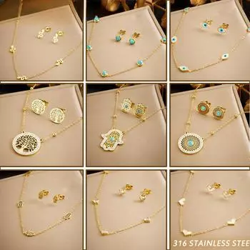 Нержавеющая сталь 316L Древо жизни, бирюзовое золотое ожерелье, серьги для женщин, новинка 2024 года, подарок на вечеринку, модный комплект ювелирных изделий