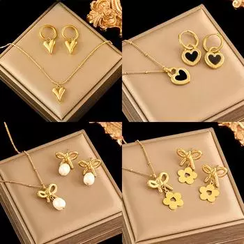 Нержавеющая сталь 316L, комплект серег с сердцем и цветком, жемчужное ожерелье для женщин, модный комплект ювелирных изделий, водонепроницаемое Bijoux Femme