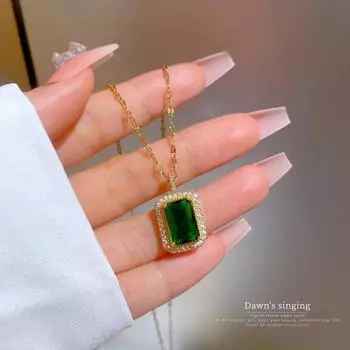 Нержавеющая сталь 316L в европейском и американском стиле, модное ретро-зеленое циркониевое ожерелье, геометрический квадратный индивидуальный женский темпераментный кулон