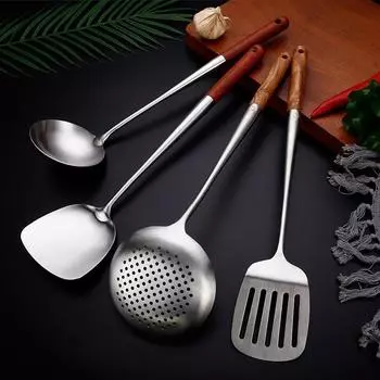 Нержавеющая сталь большой дуршлаг суповая ложка лопатка протекающая лопатка с деревянной ручкой бытовая кухонная утварь кухонные принадлежности для приготовления пищи