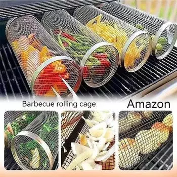Нержавеющая сталь домашняя корзина для барбекю на колесиках сетка для барбекю кухонная утварь портативная круглая походная посуда гриль обеденный стол
