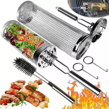 Нержавеющая сталь корзина для барбекю цилиндрическая клетка для барбекю полезная передвижная корзина для гриля на открытом воздухе 32x6cm