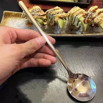 Нержавеющая сталь, круглая ложка с большой головкой, чистая, красная, золотистая, для ужина, с длинной ручкой, десертные ложки для перемешивания, кухонные аксессуары, гаджеты серебряный