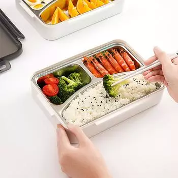 Нержавеющая сталь ланч-бокс Bento для школьников, офисных работников, 3 отделения, микроволновая печь, подогрев, контейнер для обеда, ящик для хранения еды белый