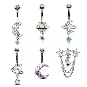 Нержавеющая сталь Луна Звезда Шар Циркон Кулон Поддельный Пупок Кольцо Украшения Для Тела Для Женщин