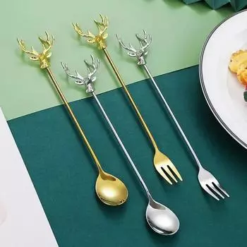 Нержавеющая сталь Milu Deer Кофейная ложка для торта Вилка Десертные ложки Чайная ложка для помешивания Ложка для мороженого Вилка для фруктов Кухонные принадлежности