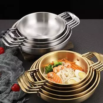 Нержавеющая сталь миска для рамена с двойной ручкой, тарелки для морепродуктов, корейские миски для лапши, ресторан, кемпинг, золотая кастрюля