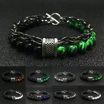 Мужской двухслойный браслет из бисера с тигриным глазом