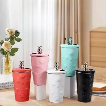 Нержавеющая стальная кофейная чашка с изображением медведя из мультфильма, оцинкованная, изоляционная, автомобильная, соломенная, вакуумная, большая емкость для бутылки с водой, термос, чашка 600ml белый