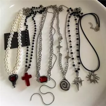 Нержавеющая сталь Спираль Солнцезащитное стекло Крест Кулон Ожерелье Многослойное колье Звезда Шарм Ожерелье Гранж Y2K Ювелирные изделия для шеи для мужчин, женщин
