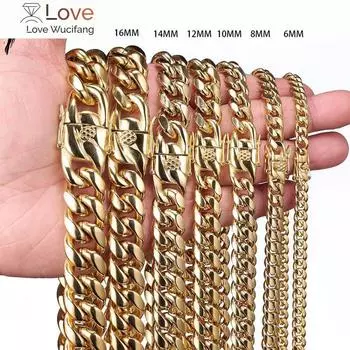 Нержавеющая сталь золотого цвета кубинская цепочка кран кнопка хип-хоп модные украшения для подарка 6 мм /10 мм /12 мм /14 мм /16 мм /18 мм 24inch золотой