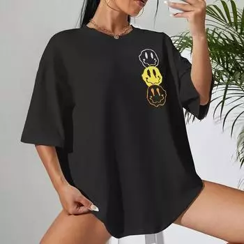 Несчастное лицо хлопковая женская футболка с принтом Harajuku свободные футболки Essential Round Neck Casualtshirts oversize спортивные футболки S