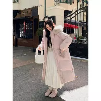 Несезонная куртка с пуховиком, женская новинка 2024 года, большой меховой воротник, куртка средней длины, утолщенное теплое хлопковое пальто, зимнее пальто S розовый