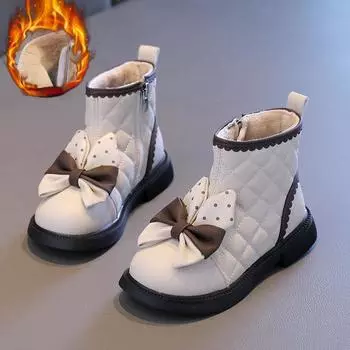 Нескользящая детская модная детская школьная обувь с бантом для девочек, повседневные теплые плюшевые сапоги 23 хаки