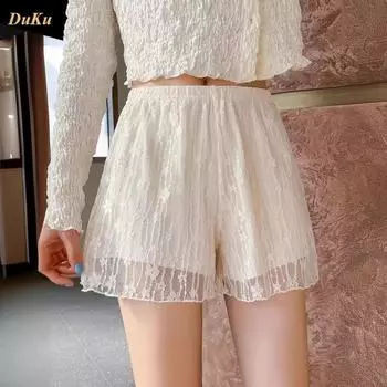 Нескользящие белые свободные леггинсы Pompadour с кружевной подкладкой можно носить поверх трехточечных шорт летом L чёрный