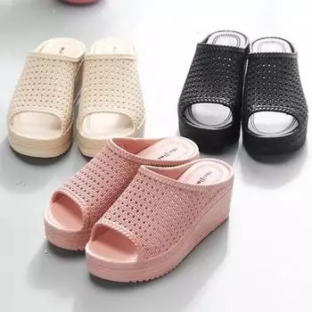 Нескользящие домашние женские тапочки, полые однотонные летние модные удобные тапочки на высоком каблуке 40 белый