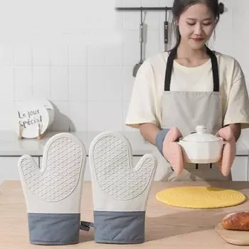 Нескользящие перчатки для микроволновки Утолщенные перчатки для духовки Силиконовые теплоизоляционные перчатки для кухни белый