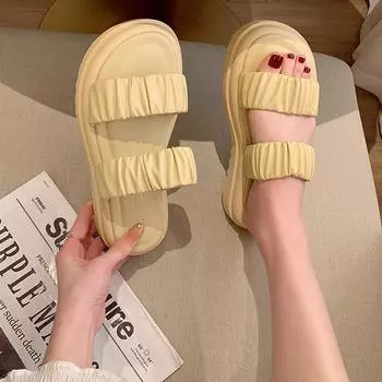 Нескользящие тапочки Женская верхняя одежда 2024 Новые летние сандалии на толстой подошве для женщин Повседневные и удобные тапочки на плоской подошве для женщин 35 бежевый