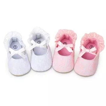 Нескользящие туфли на плоской подошве для маленьких девочек, туфли принцессы с кружевными украшениями 11