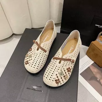 Нескользящие вентилируемые женские сандалии на плоской подошве в стиле ретро, в национальном стиле, обувь с круглым носком, обувь из мягкой кожи, летняя обувь 35 абрикосовый