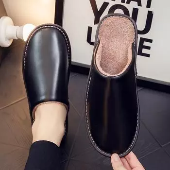 Нескользящие водонепроницаемые зимние кожаные тапочки для пар - теплая плюшевая обувь для дома 26 (usually 38-39) вино красного