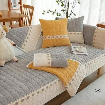 Нескользящий чехол для дивана в клетку с кружевом, протектор для шезлонга, четырехсезонный универсальный эластичный угловой диван, подушка, полотенце, 1/2/3/4-местный 70x70