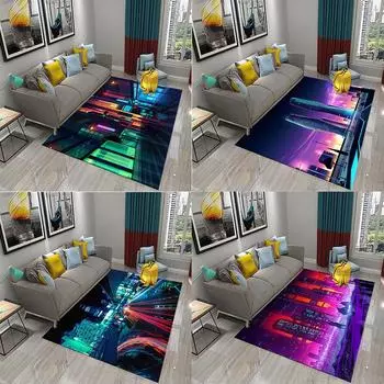 Нескользящий коврик для кухни и ванной комнаты, коврик для домашней двери, коврик для спальни, гостиной, напольный ковер, крутой неоновый коврик для городской ночной сцены в стиле панк 40x60cm