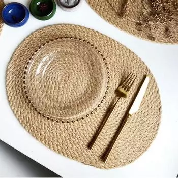 Нескользящий овальный плетеный коврик под тарелку теплоизоляционный коврик плетеный из соломы бытовой коврик для стола тарелка oval woven placemat