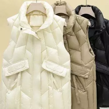 Несменный жилет с воротником-стойкой, гофрированный пуховый жилет из хлопка, женская зимняя одежда, новый короткий жилет из хлопка с застежкой-молнией и карманом на веревке M чёрный