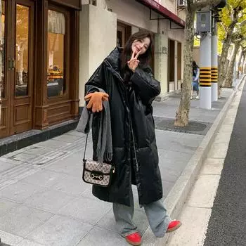 Несмываемая кожаная куртка-пуховик 2024 новые женские длинные модели новые зимние утолщенные нишевые высококачественные средние и длинные пальто прилив S чёрный