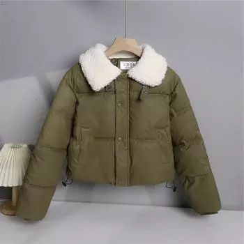 Несмываемая ПУ кожа пуховик хлопковая одежда женская короткая зимняя утолщенная стойка воротник хлеб одежда маленькая овечья шерсть меховой воротник куртка M чёрный