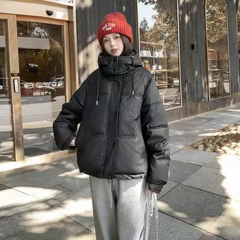 Несмываемая ПУ кожаная маркировка короткая пуховая хлопковая одежда женская зимняя новая одежда для хлеба 2024 года маленькая утолщенная теплая куртка M чёрный