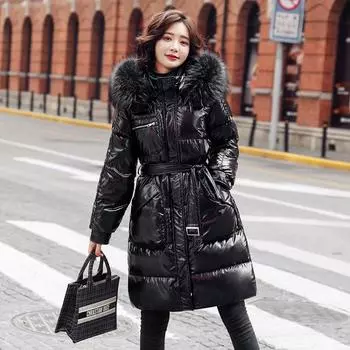 Несмываемая женская пуховая куртка средней и длинной длины, высококачественное глянцевое модное белое утиное пуховое пальто средней и длинной длины S size 90-55kg чёрный