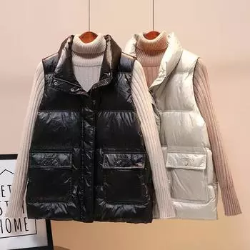 Несмываемый глянцевый новый универсальный жилет без рукавов из хлопкового пуха, свободный и простой жилет для студентки M чёрный