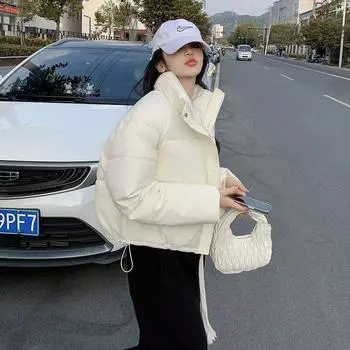 Несмываемый воротник-стойка из искусственной кожи Kendou короткая хлопковая одежда женская хлопковая сезон 2024 года свободное новое утолщенное пальто небольшого размера S [Recommended 80-47.5kg] темно-коричневого