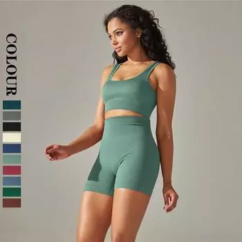 Nessaj, бесшовная спортивная одежда, однотонные шорты персикового цвета с открытой спиной, нижнее белье для фитнеса, комплект одежды для йоги для женщин S чёрный