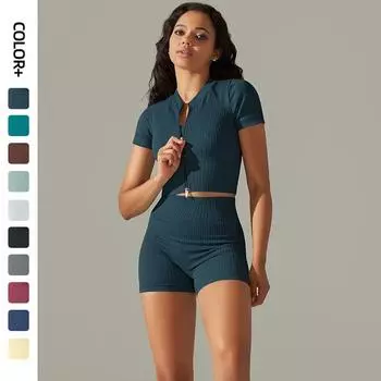 Nessaj Бесшовные рубашки на молнии Комплект для йоги Женская спортивная одежда Тренажерный зал Фитнес Шорты для поднятия бедер Женская одежда для бега