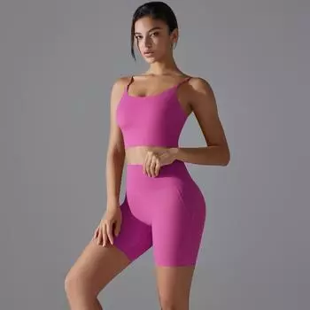 Nessaj Бесшовный комплект для йоги с высокой талией, женская спортивная одежда без рукавов для бега, облегающие шорты с открытой спиной и бюстгальтером для фитнеса S розовый