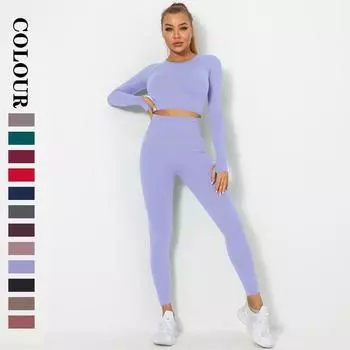 Nessaj бесшовный спортивный комплект для женщин спортивные костюмы для йоги леггинсы с высокой талией укороченные топы с длинными рукавами спортивная одежда