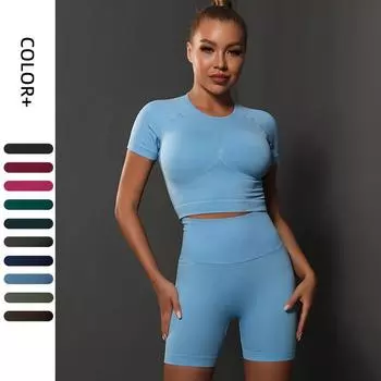 Nessaj бесшовный спортивный комплект женский костюм для йоги с длинным рукавом укороченный топ рубашка сексуальные леггинсы для фитнеса тренировочный наряд S чёрный