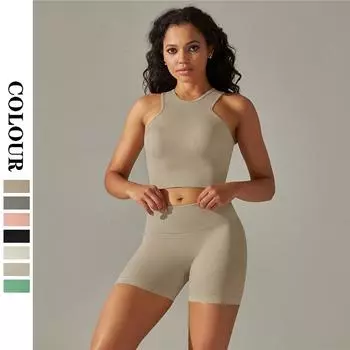 Nessaj бесшовный спортивный костюм женский фитнес йога спортивная одежда эластичные шорты с высокой талией жилет без рукавов тренировочный наряд S чёрный