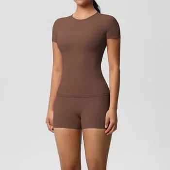 Nessaj Quick Dry Sportswear Women Yoga Set Fitness Push Up Shorts Elastic Short Sleeve Top Suits S розовый